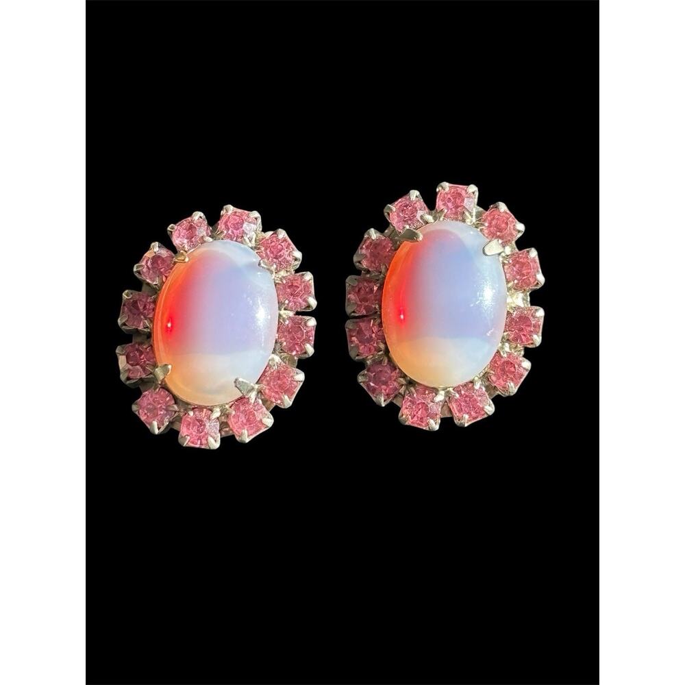Vtg MCM Faux Lavender Jadeite Halo Clip On Earrings Pink Rhinestone
